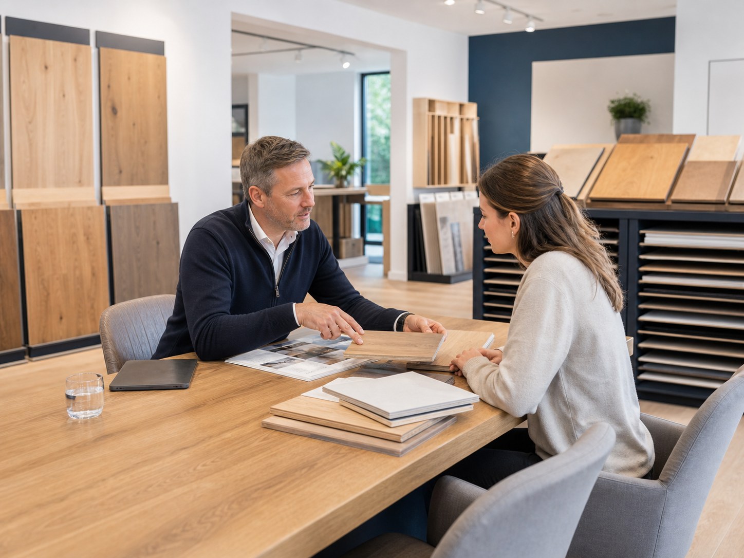 Fachberatung in einem hellen Holz- und Boden-Showroom