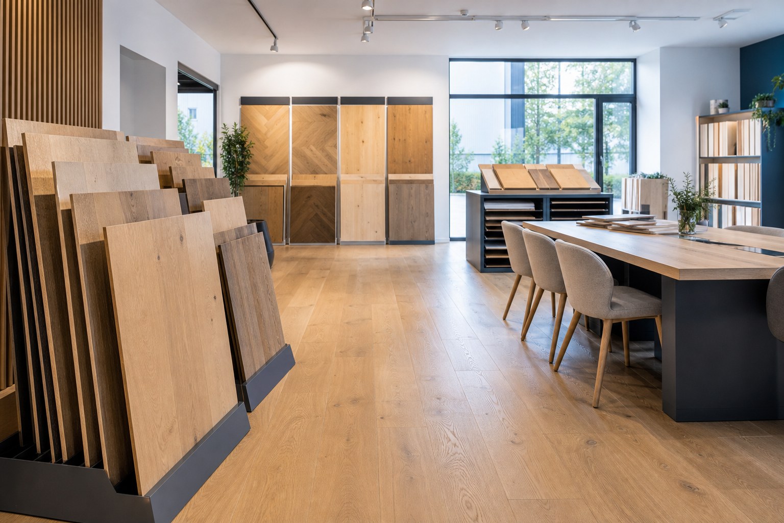 Hochwertige Holzboden-Muster in einem hellen Showroom